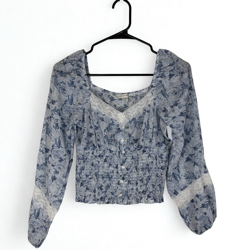 American Eagle Floral Smocked Crop Top Sweetheart Neckline Cottage Coquette XS
